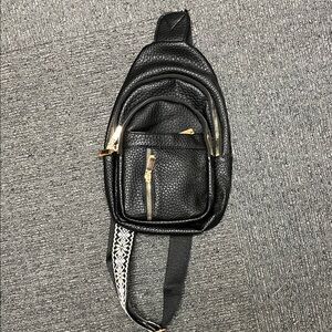 Women’s Black Leather Sling Bag with Gold Hardware